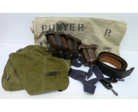 German and British ammunition pouches, belt, canvas bag, etc.