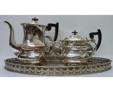 A four piece plated tea service by Viners and a plated gallery tray