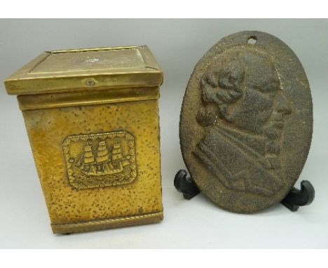A brass tea caddy, top a/f and an oval metal plaque with profile of a gentleman