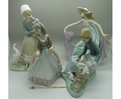 Three Lladro figures, a/f, and a Nao figure