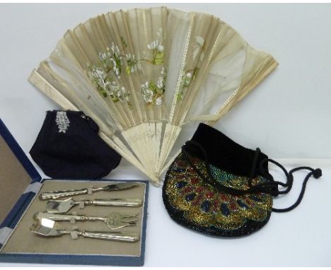 An Art Deco handbag, one other, an ivory fan and a cased serving set, fan a/f