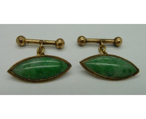 A pair of yellow metal and jade cufflinks, weight 7.4g