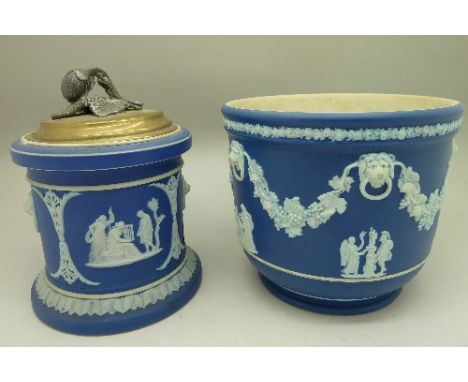 A blue Wedgwood Jasperware tobacco jar and a planter, small chip to rim of jar