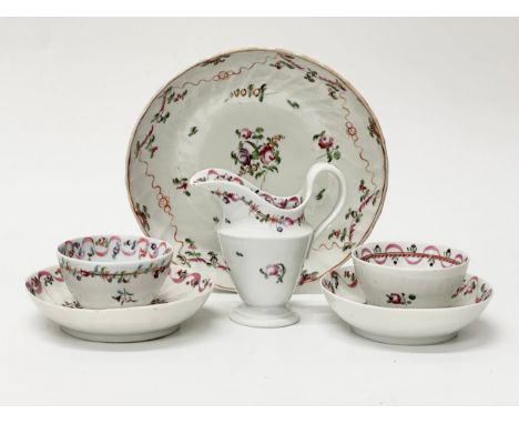 18th Century New Hall. Six pieces of Late 18th Century English hard paste Pink Ribbon porcelain. Dish 20cm. Creamer, tea bowl