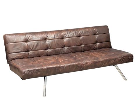 A Mid Century style leather daybed on chrome legs. 195x77cm open.