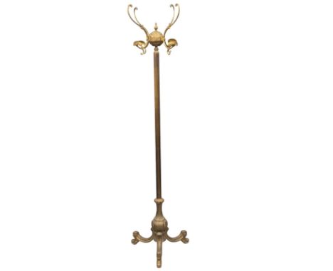 A tall ornate brass hat and coat stand with a reeded column and tripod base. 182.5cm