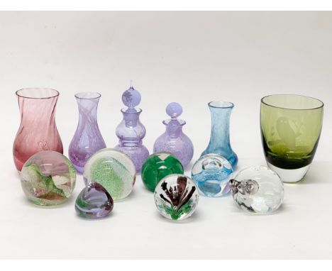 A collection of Caithness art glass. An Owl glass, paperweights, perfume bottles and vases.