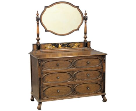 A Chinoiserie oak chest of drawers. C.1930. Early 20th Century. Three drawers, hand painted embossed lacquered panel depictin