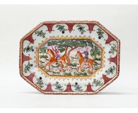 A Chinese Export, French style enamelled platter. Late 20th Century. With hunting scene depicting riders and hounds in centre
