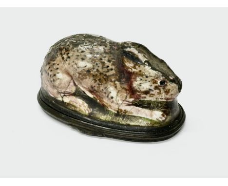 A rare 18th Century Bilston Enamel recumbent hare patch box. C.1770. 8.5x4.5x4cm