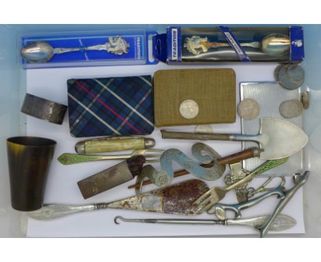 A silver napkin ring, horn cup, page turner, shoe horn and button hook, etc.