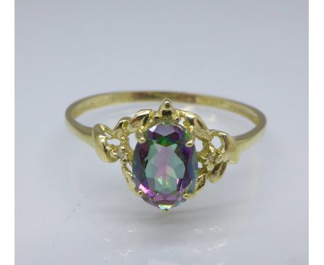 A 9ct gold, mystic topaz and diamond ring, 0.9g, O