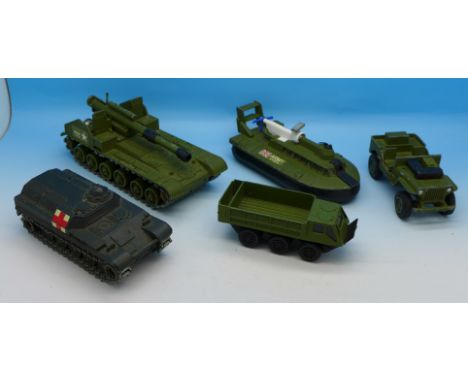 Five model vehicles;- Dinky Toys 155mm Mobile Gun, Hovercraft, Stalwart and U.S. Jeep and a Solido AMX