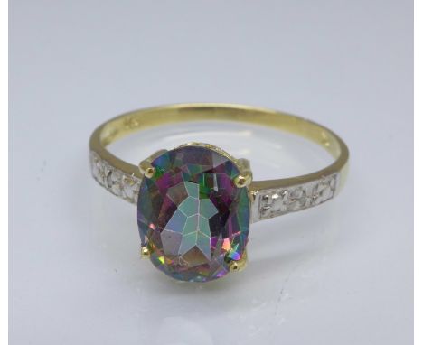 A 9ct gold, mystic topaz and diamond ring, 1.3g, O