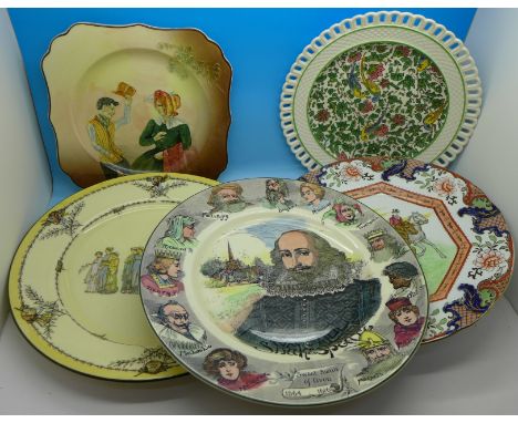 Five Royal Doulton plates, an 8" square plate, Sam Weller and Mrs Bardell, a 9" ribbon plate, a 10" Shakespeare plate, Athens