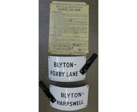 Two Yorkshire Electricity Board enamel flag signs and a 1950 Safety to Life tin sign
