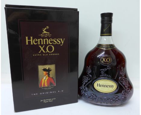 A bottle of Hennessey X.O. Cognac, boxed