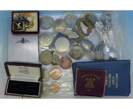 Coins including commemorative, a cigarette case with RAF emblem, etc.