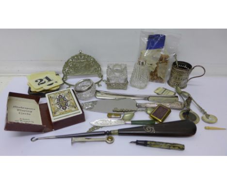 Plated flatware, cup holder, playing cards, shoe horns, etc.