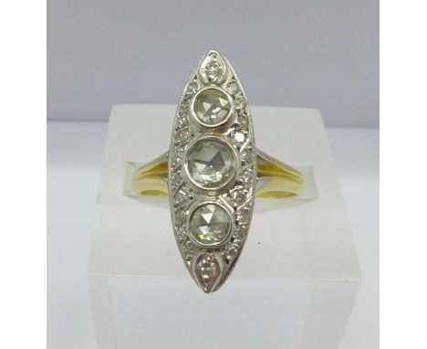 A vintage French 18ct gold and rose cut diamond marquise ring, twenty-five diamonds, approximate diamond weight 1.25ct, 6.2g,