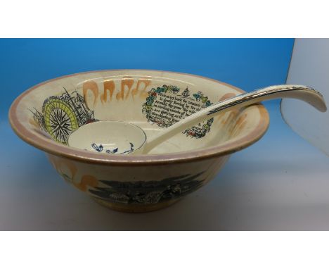 A John Carr, Tyneside transfer printed bowl and a 19th Century ladle (2), star crack to base of bowl