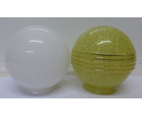 An Art Deco round glass lamp shade and one other