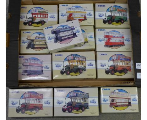 Thirteen Corgi trams and buses, boxed