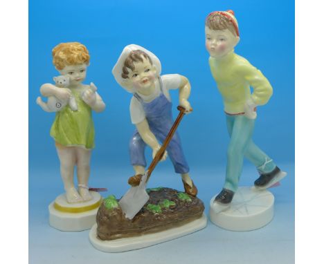 Three Royal Worcester figures, Tuesday's Child Is Full of Grace, Wednesday's Child Knows Little Woe and Saturday's Child Work