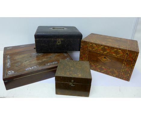 A rosewood and mother of pearl inlaid writing box, a marquetry box and two other boxes (4)