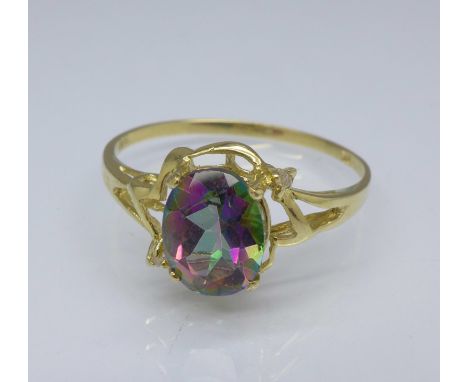 A 9ct gold, mystic topaz and diamond ring, 1.1g, O