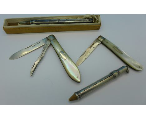 Two mother of pearl and silver penknives and two pencils, Sampson Mordan and one advertising