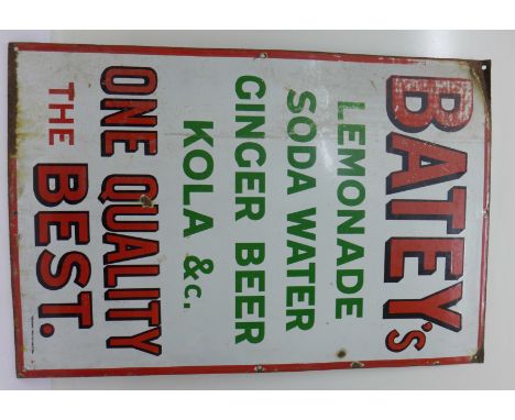 A Batey's Lemonade, Soda Water, Ginger Beer, Kola enamel sign, 51cm x 76cm