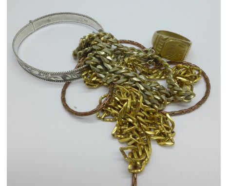 A silver bangle, a ring and three chains, one chain fastener a/f