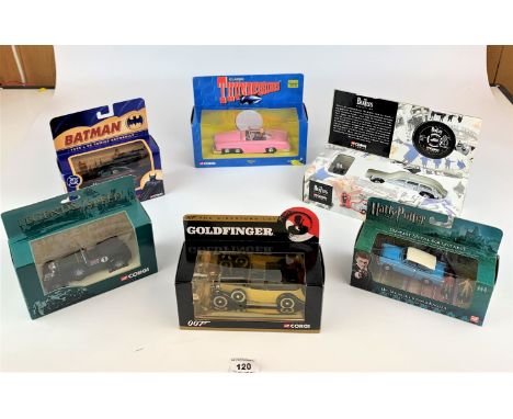 6 boxed Corgi vehicles – Thunderbirds Penelope, James Bond Goldfinger, Harry Potter, Batman, The Beatles and Legends of Speed