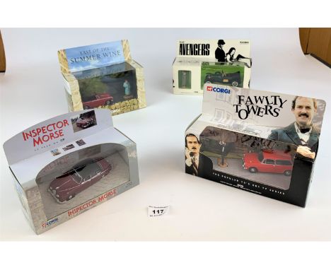 4 boxed Corgi TV Series vehicles – Inspector Morse, Last of the Summer Wine, Fawlty Towers and The Avengers