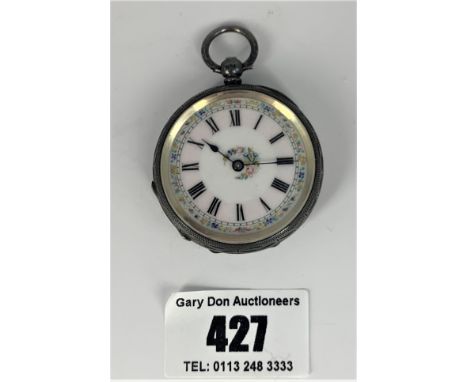 Silver fob watch with enamel face 1.5” diameter, total w: 1.5 ozt, not working