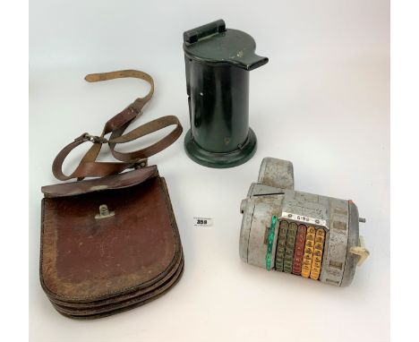 Bus conductor’s leather pouch, Almex ticket machine and cylinder shaped ticket machine