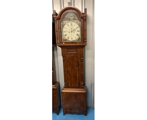 Longcase grandfather clock with mahogany case and painted face by G. Fraw’s, Gateshead. 8 day with pendulum and 2 weights. 89