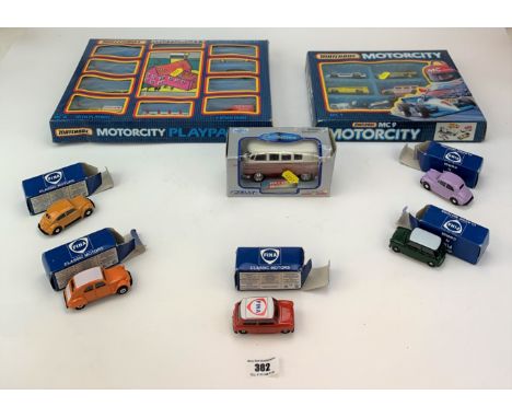 Boxed Matchbox Motorcity Playpack, Motorcity MC9, Welly VW 1962 Microbus and 5 boxed Corgi Fina vehicles