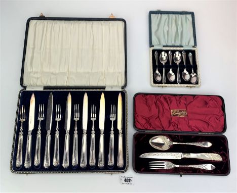 3 cased plated cutlery sets – set of 6 teaspoons, 3 piece knife, fork &amp; spoon set and 12 piece fruit set