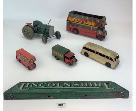 4 wind-up tin vehicles, Chad Valley tin bus and tin Lincolnshire sign