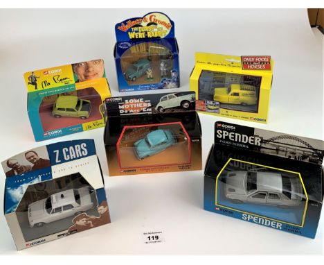 6 boxed Corgi TV Series vehicles – Mr Bean, Wallace &amp; Gromit, Some Mothers Do ‘Ave ‘Em, Z-Cars, Only Fools &amp; Horses a