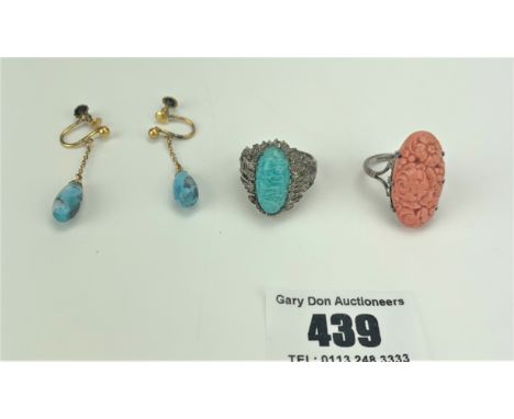 Silver and coral ring size M, silver and turquoise ring size L and pair of plated and turquoise earrings
