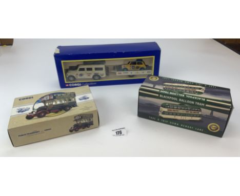 Boxed Corgi Land Rover &amp; trailer, Corgi Thornycroft Bus Sheffield and  boxed Atlas Blackpool Balloon tram