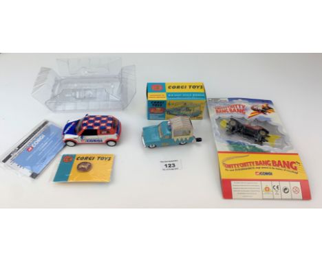 Boxed Corgi no. 474 Musical Walls Ice Cream Van, Corgi Collectors Club 2002 New Mini Cooper and Corgi packet Chitty Chitty Ba