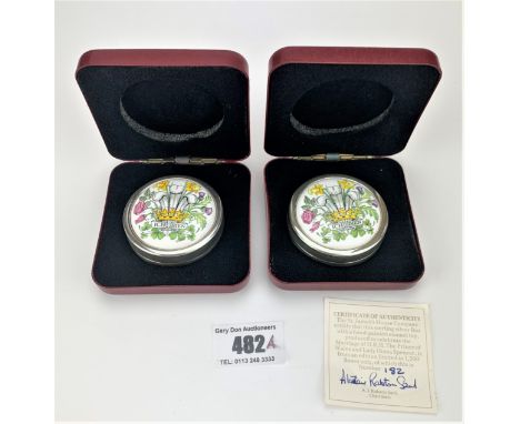 2 boxed silver/enamel trinket boxes by The St. James’s House Company, 1 with certificate of authenticity no.182/1500. Total w