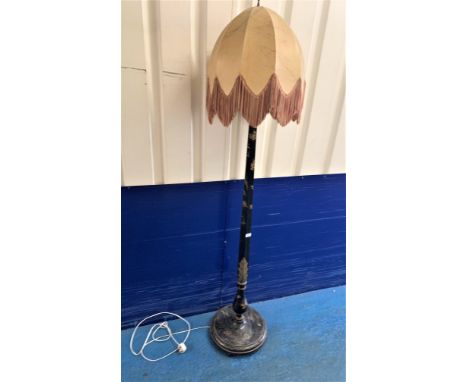Black lacquer japanned standard lamp with shade, 15” diameter base x 75”h