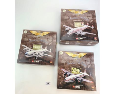3 boxed Corgi Classics Aviation Archive Frontier Airliners – BOAC, TWA, DAN AIR