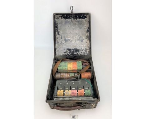 Bus Ticket Machine by Ultimate Fare System, Bell Punch Co. Ltd with tickets in tin case 13” x 11”
