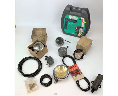 Assorted car parts inc. Renault Boutique Quickfit Diamond Snow Chains, boating speedometer, British Jaeger speed clock, Jaege